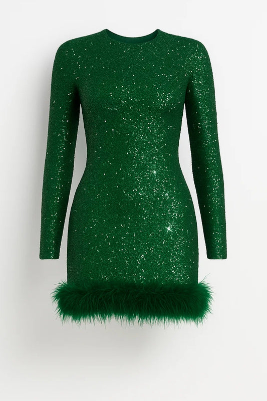 Mini Jurk Dames - Pailletten met Veren en Lange Mouwen | Feestelijk