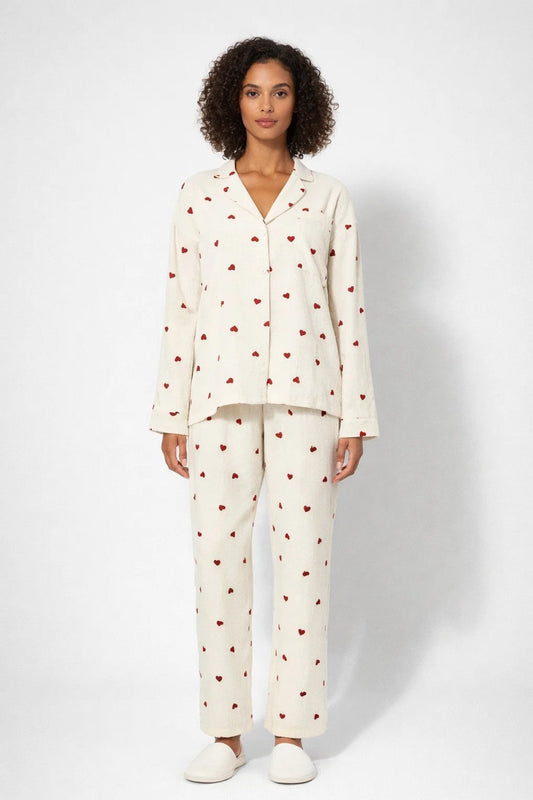 Pyjama Dames - Set met Hartjesprint en Lange Mouwen | Casual