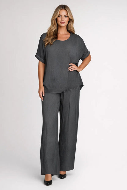Dames Set - Oversized Top met Wijde Broek en Ronde Hals | Casual