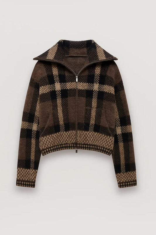 Damesvest met Rits | Ruitpatroon en Opstaande Kraag | Warm en Stijlvol