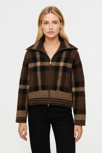 Damesvest met Rits | Ruitpatroon en Opstaande Kraag | Warm en Stijlvol
