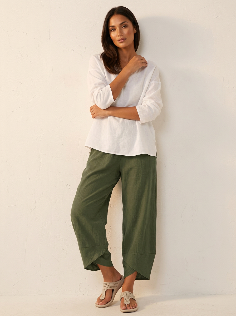 Demi - Casual Linnen Broek Dames Cropped met Ruime Pijp en Elastische Taille
