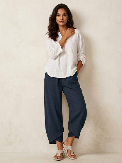 Demi - Casual Linnen Broek Dames Cropped met Ruime Pijp en Elastische Taille