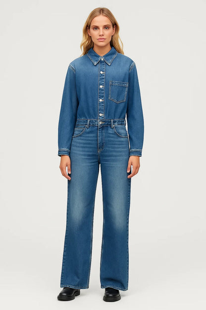 Denim Jumpsuit | Lange Mouwen en Drukknoopsluiting | Stoer en Tijdloos