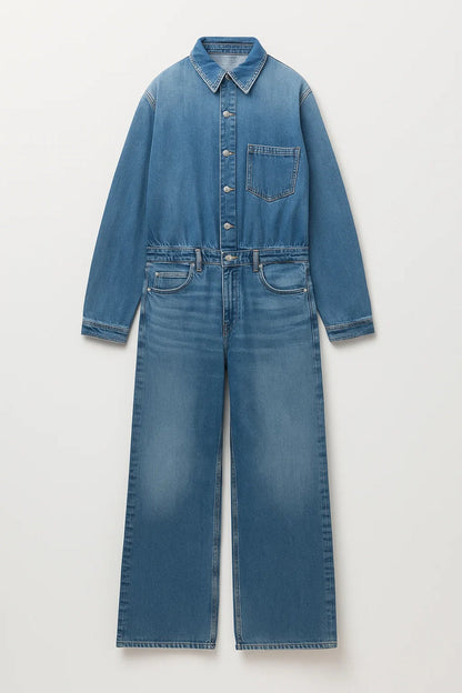 Denim Jumpsuit | Lange Mouwen en Drukknoopsluiting | Stoer en Tijdloos