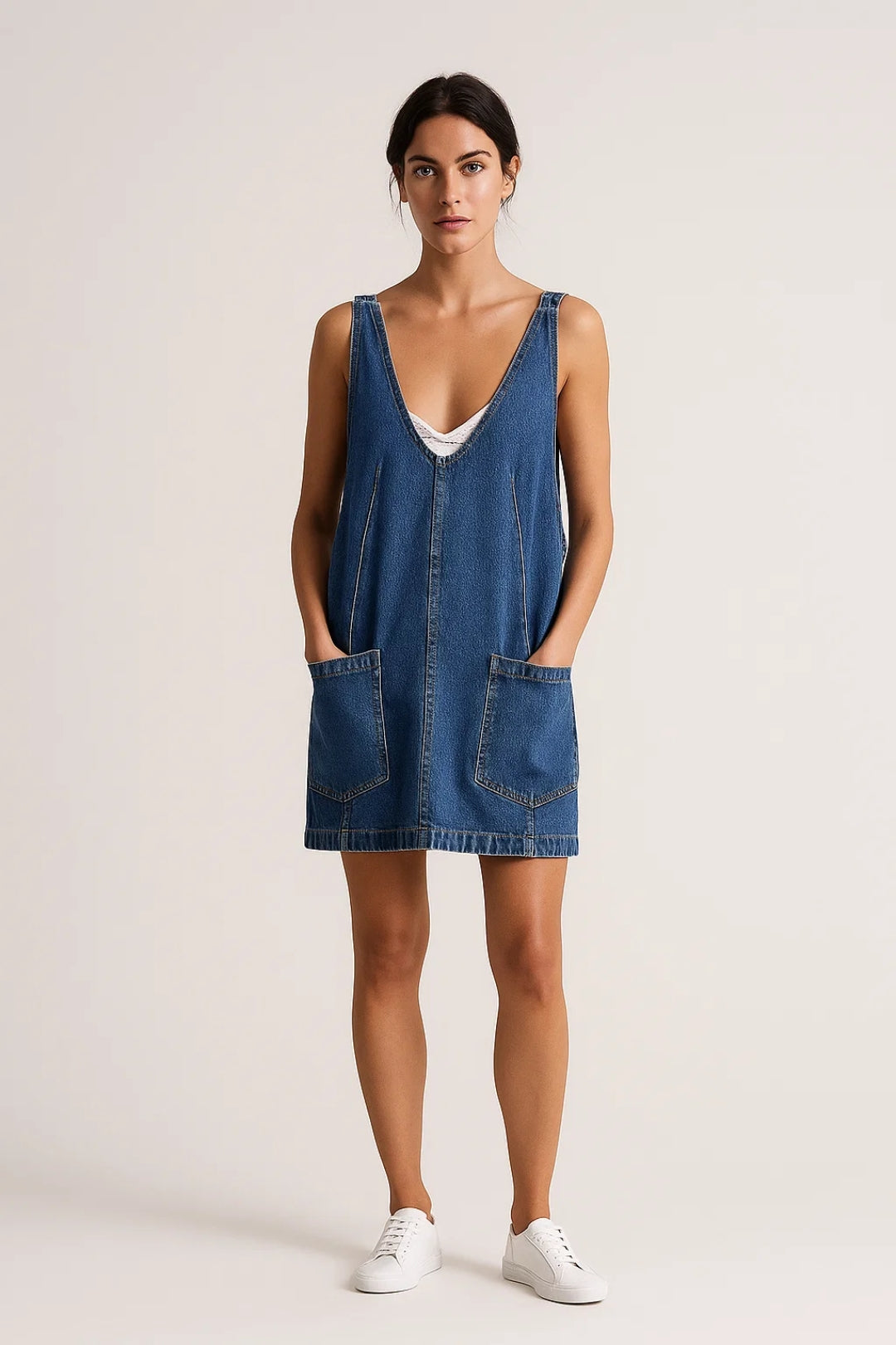 Denim Overslagjurk | Mouwloos A-Lijn Model met Zakken | Lichtgewicht en Ademend
