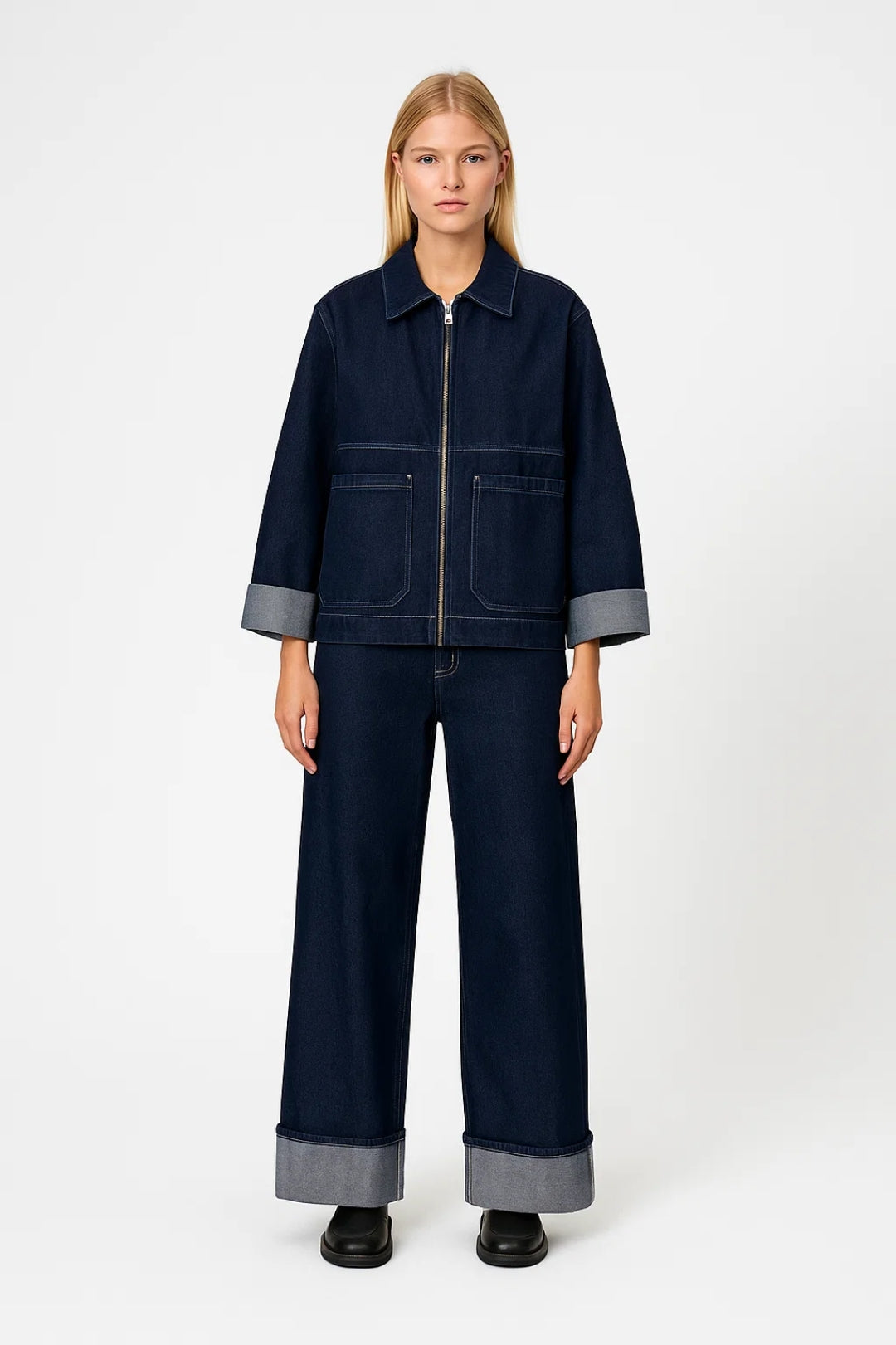 Denim Set | Boxy Jas met Rits | Rechte Broek met Omgeslagen Zoom