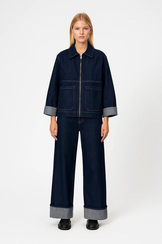 Denim Set | Boxy Jas met Rits | Rechte Broek met Omgeslagen Zoom