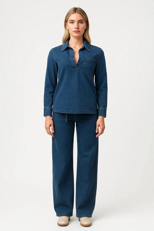 Denim Set | Casual Top met Kraag | Relaxte Broek met Rechte Pijpen
