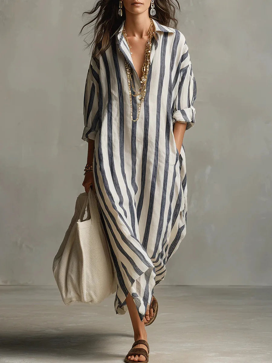 Eva - Casual Linnen Maxi Jurk Dames met Streepdessin en Hemdkraag