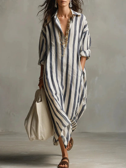 Eva - Casual Linnen Maxi Jurk Dames met Streepdessin en Hemdkraag