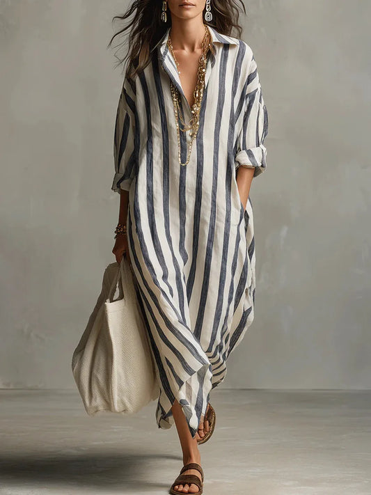 Eva - Casual Linnen Maxi Jurk Dames met Streepdessin en Hemdkraag