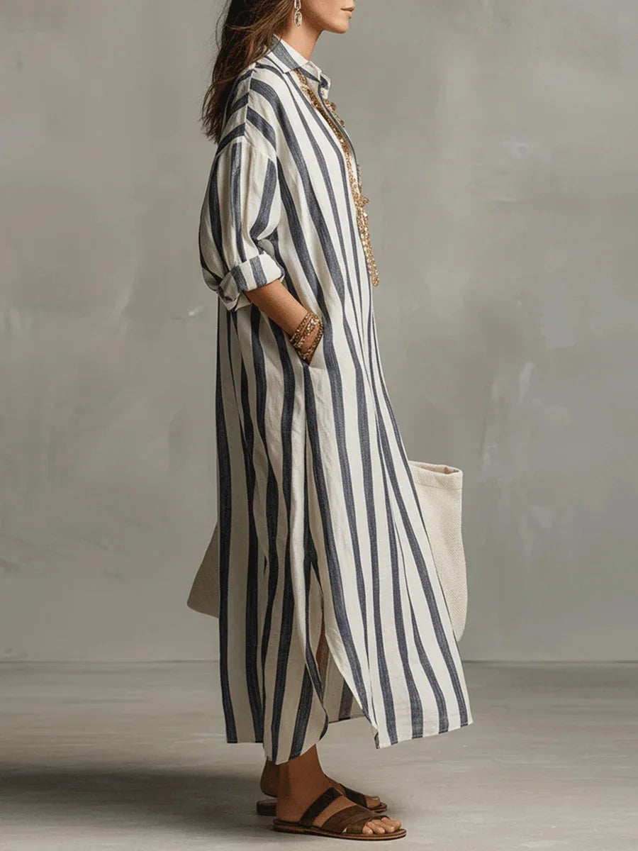 Eva - Casual Linnen Maxi Jurk Dames met Streepdessin en Hemdkraag