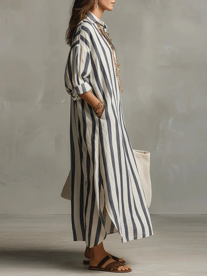 Eva - Casual Linnen Maxi Jurk Dames met Streepdessin en Hemdkraag