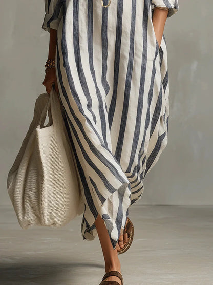 Eva - Casual Linnen Maxi Jurk Dames met Streepdessin en Hemdkraag