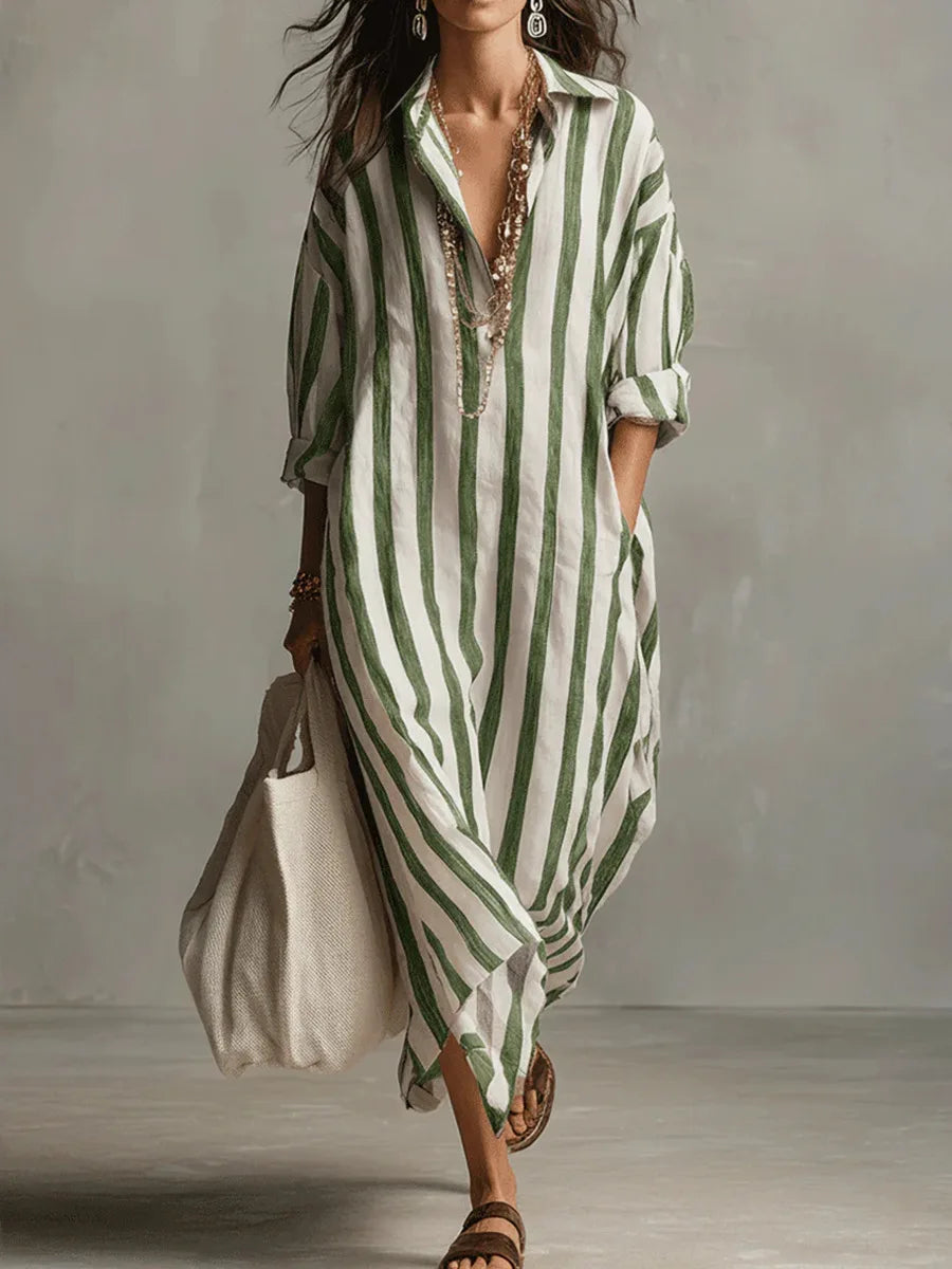 Eva - Casual Linnen Maxi Jurk Dames met Streepdessin en Hemdkraag