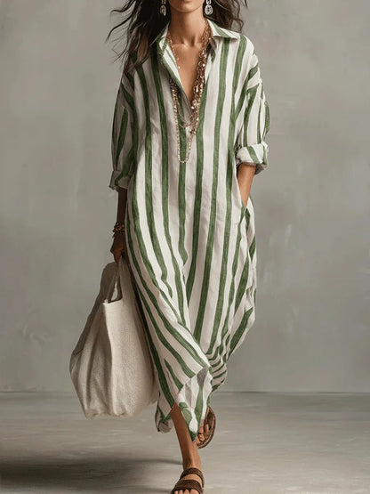 Eva - Casual Linnen Maxi Jurk Dames met Streepdessin en Hemdkraag