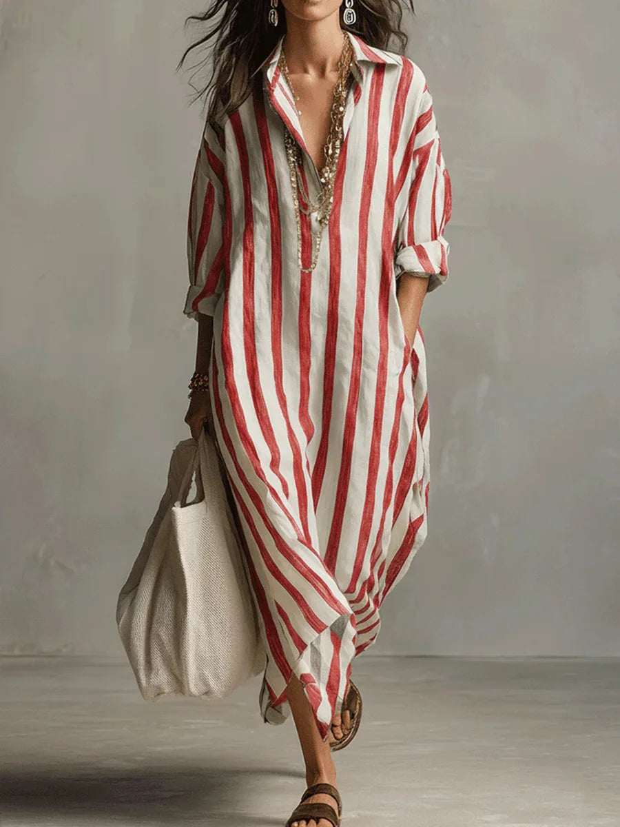 Eva - Casual Linnen Maxi Jurk Dames met Streepdessin en Hemdkraag