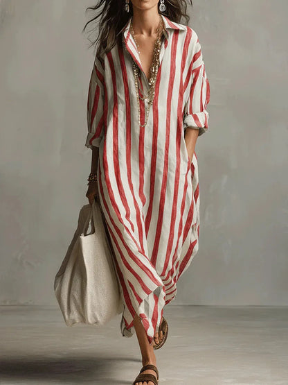 Eva - Casual Linnen Maxi Jurk Dames met Streepdessin en Hemdkraag