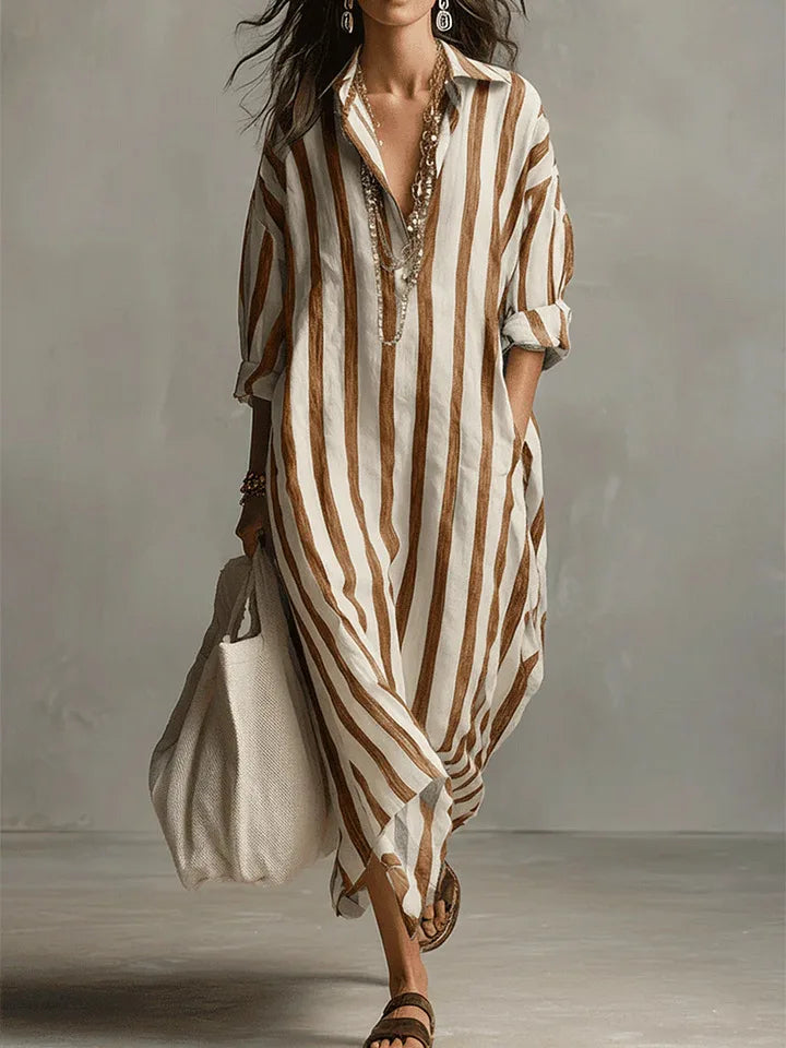 Eva - Casual Linnen Maxi Jurk Dames met Streepdessin en Hemdkraag