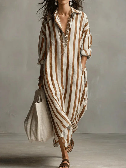 Eva - Casual Linnen Maxi Jurk Dames met Streepdessin en Hemdkraag