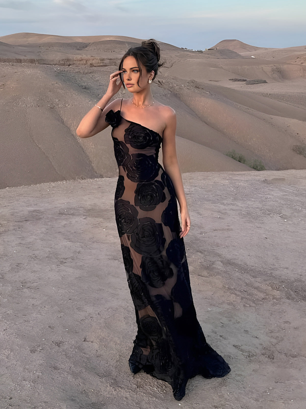 Eva - Elegante Bruiloft Gastenjurk Dames met One Shoulder en Rozenprint