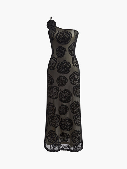 Eva - Elegante Bruiloft Gastenjurk Dames met One Shoulder en Rozenprint