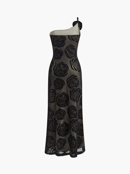Eva - Elegante Bruiloft Gastenjurk Dames met One Shoulder en Rozenprint