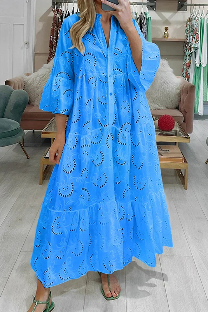 Eva - Feestelijke Zomerjurk Dames met V-hals en Broderie Borduurwerk