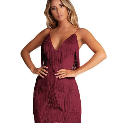 Eva - Feestjurk dames mini elegant en getailleerd met v hals en franjes