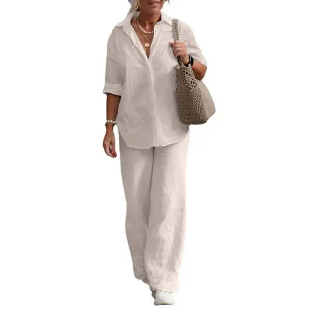 Femke - Casual Linnen Co-ord Set Dames met Oversized Blouse en Wijde Broek