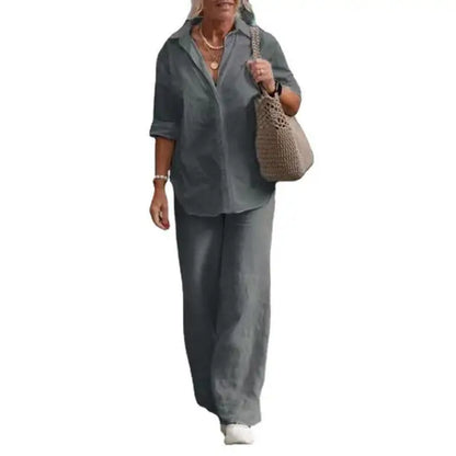 Femke - Casual Linnen Co-ord Set Dames met Oversized Blouse en Wijde Broek