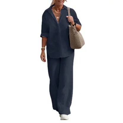 Femke - Casual Linnen Co-ord Set Dames met Oversized Blouse en Wijde Broek