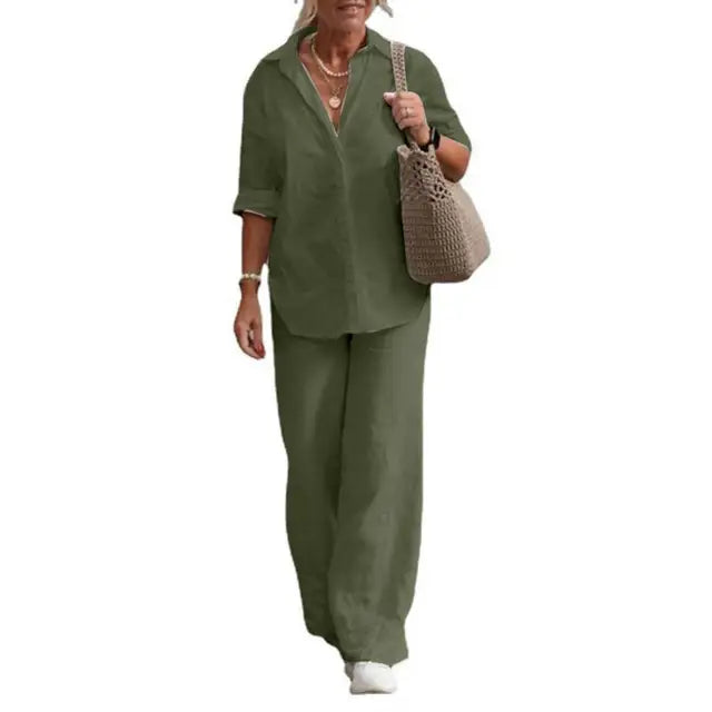 Femke - Casual Linnen Co-ord Set Dames met Oversized Blouse en Wijde Broek