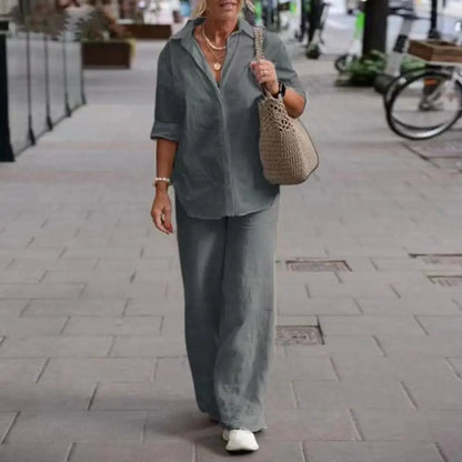 Femke - Casual Linnen Co-ord Set Dames met Oversized Blouse en Wijde Broek