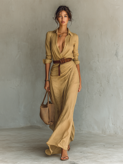 Eva - Stijlvolle Zomerjurk Dames Maxi met Diepe V-hals en Ceintuur