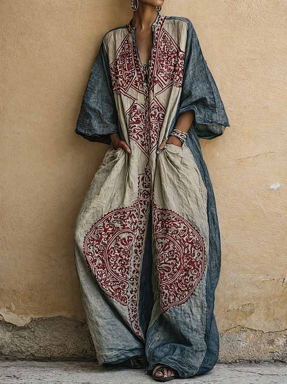 Eva - Vintage Linnen Jumpsuit Dames met Mandala Print en Oversized Cocon Silhouet