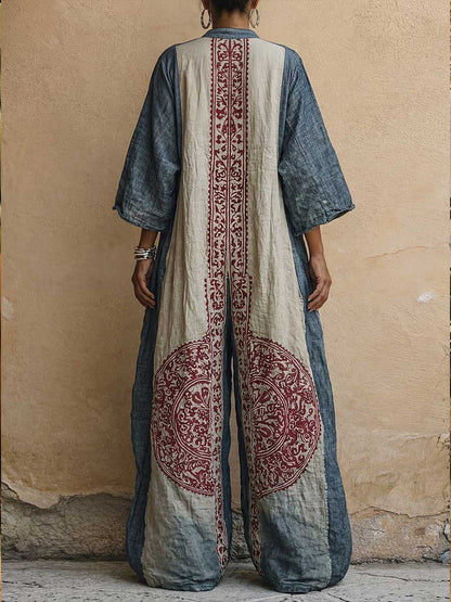 Eva - Vintage Linnen Jumpsuit Dames met Mandala Print en Oversized Cocon Silhouet