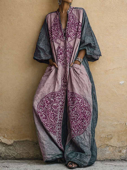 Eva - Vintage Linnen Jumpsuit Dames met Mandala Print en Oversized Cocon Silhouet
