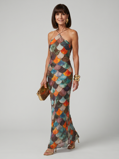 Eva - Vintage Maxi Jurk Dames met Halter Hals en Aansluitende Pasvorm