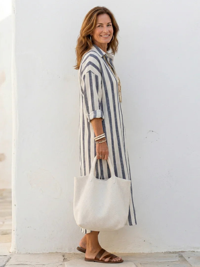 Eva - Vintage Maxi Linnen Jurk Dames met Kraag en Knoopsluiting