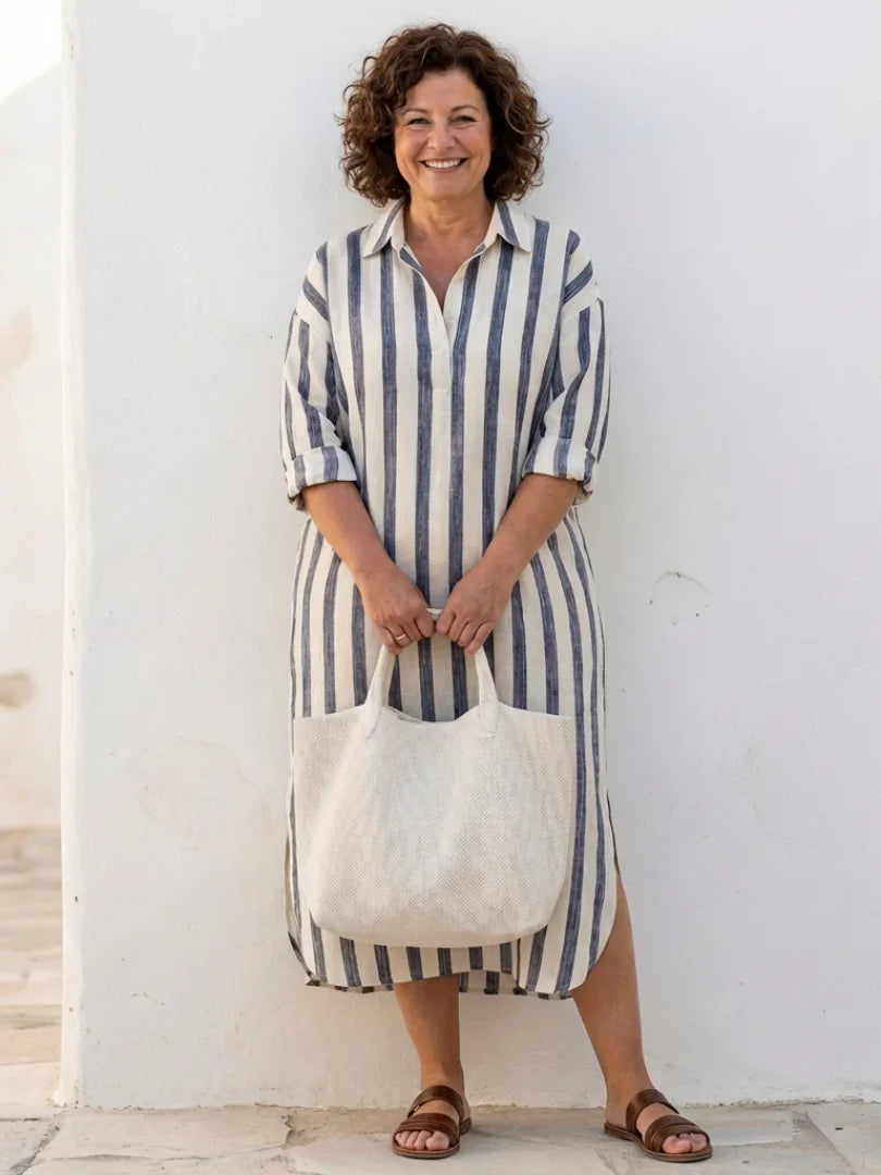 Eva - Vintage Maxi Linnen Jurk Dames met Kraag en Knoopsluiting
