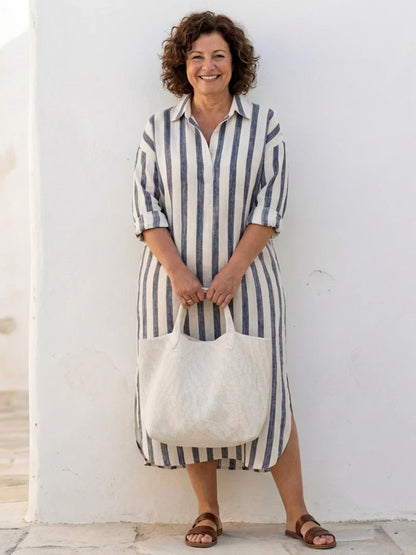 Eva - Vintage Maxi Linnen Jurk Dames met Kraag en Knoopsluiting