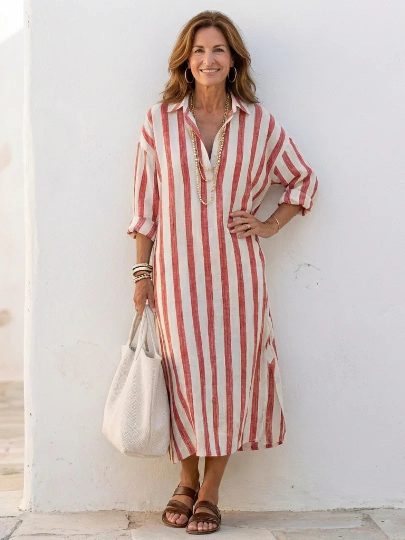 Eva - Vintage Maxi Linnen Jurk Dames met Kraag en Knoopsluiting