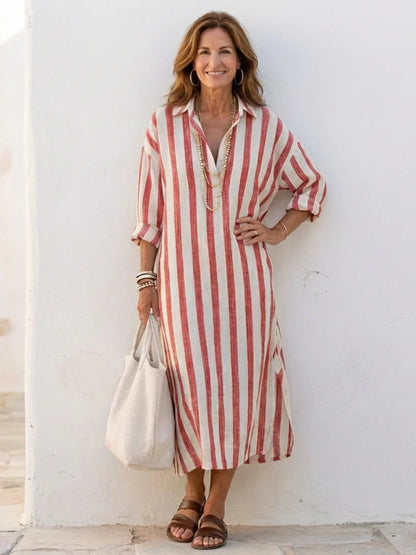 Eva - Vintage Maxi Linnen Jurk Dames met Kraag en Knoopsluiting