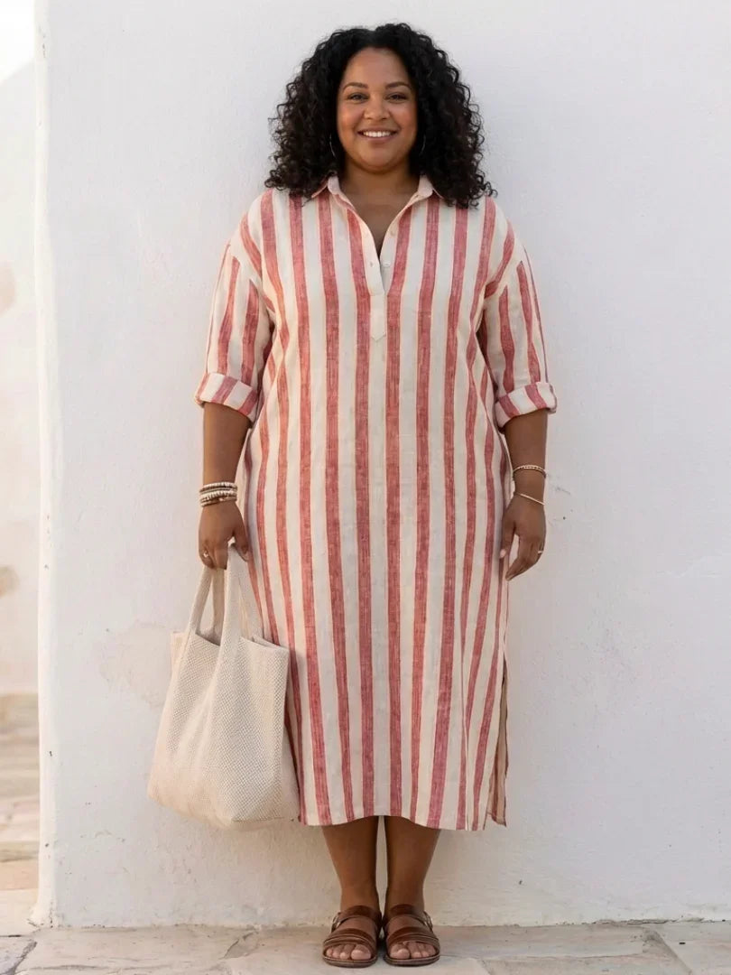 Eva - Vintage Maxi Linnen Jurk Dames met Kraag en Knoopsluiting