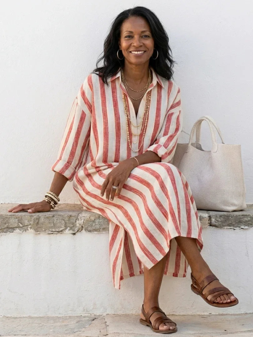 Eva - Vintage Maxi Linnen Jurk Dames met Kraag en Knoopsluiting