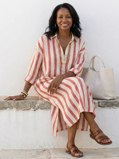 Eva - Vintage Maxi Linnen Jurk Dames met Kraag en Knoopsluiting