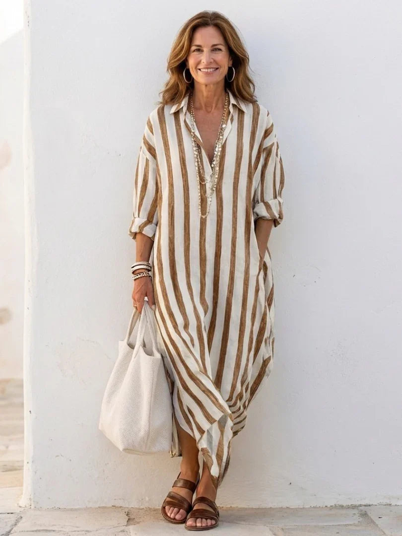 Eva - Vintage Maxi Linnen Jurk Dames met Kraag en Knoopsluiting