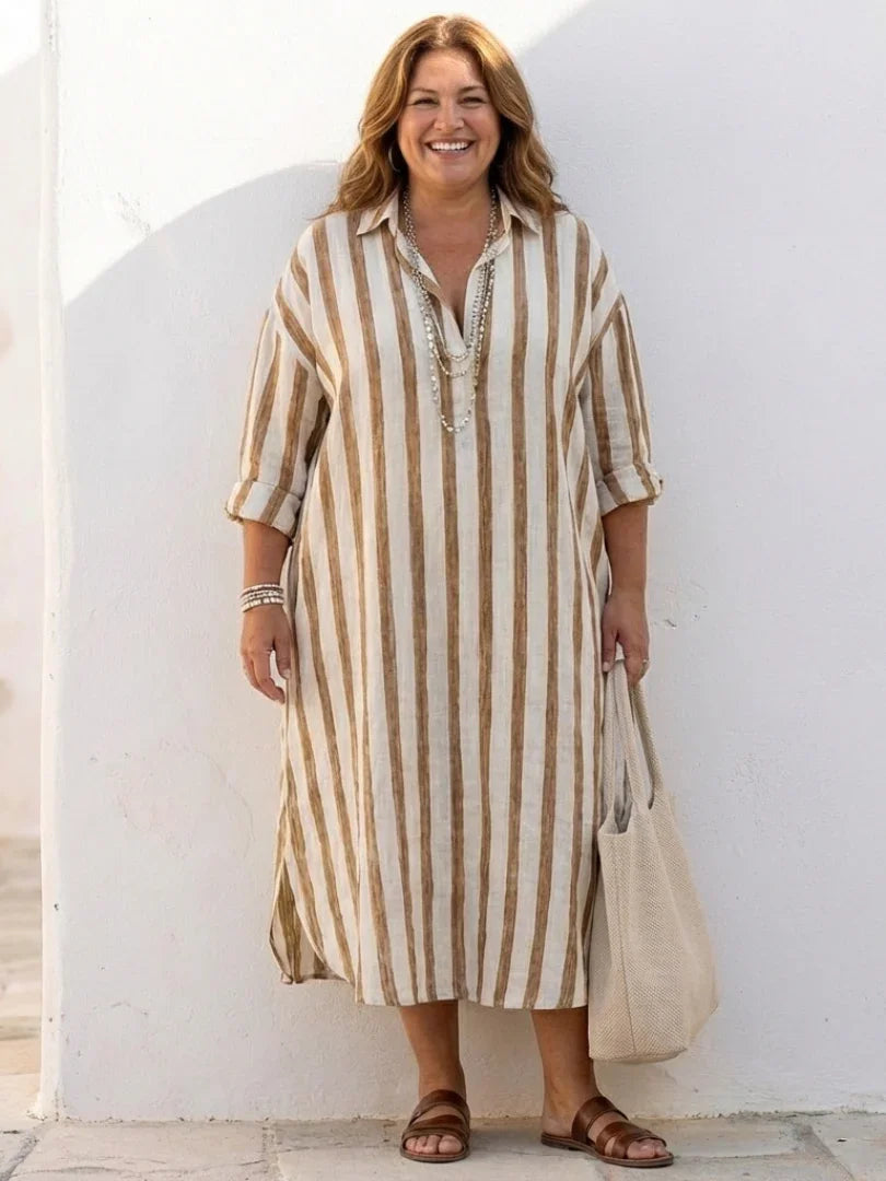 Eva - Vintage Maxi Linnen Jurk Dames met Kraag en Knoopsluiting